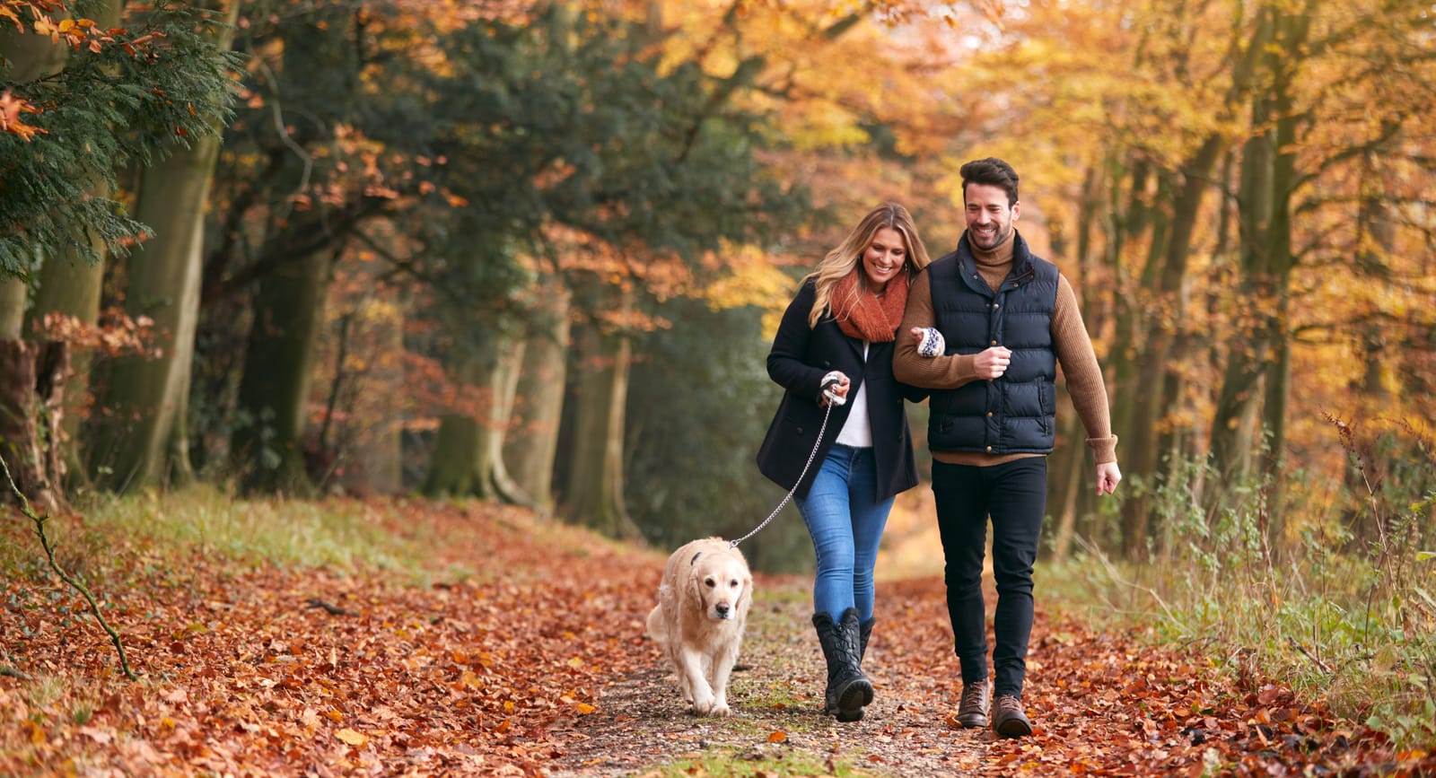 Couple Walking Dog Autumn