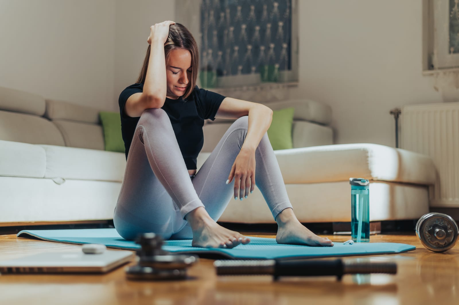 Woman Resting Yoga Mat Home