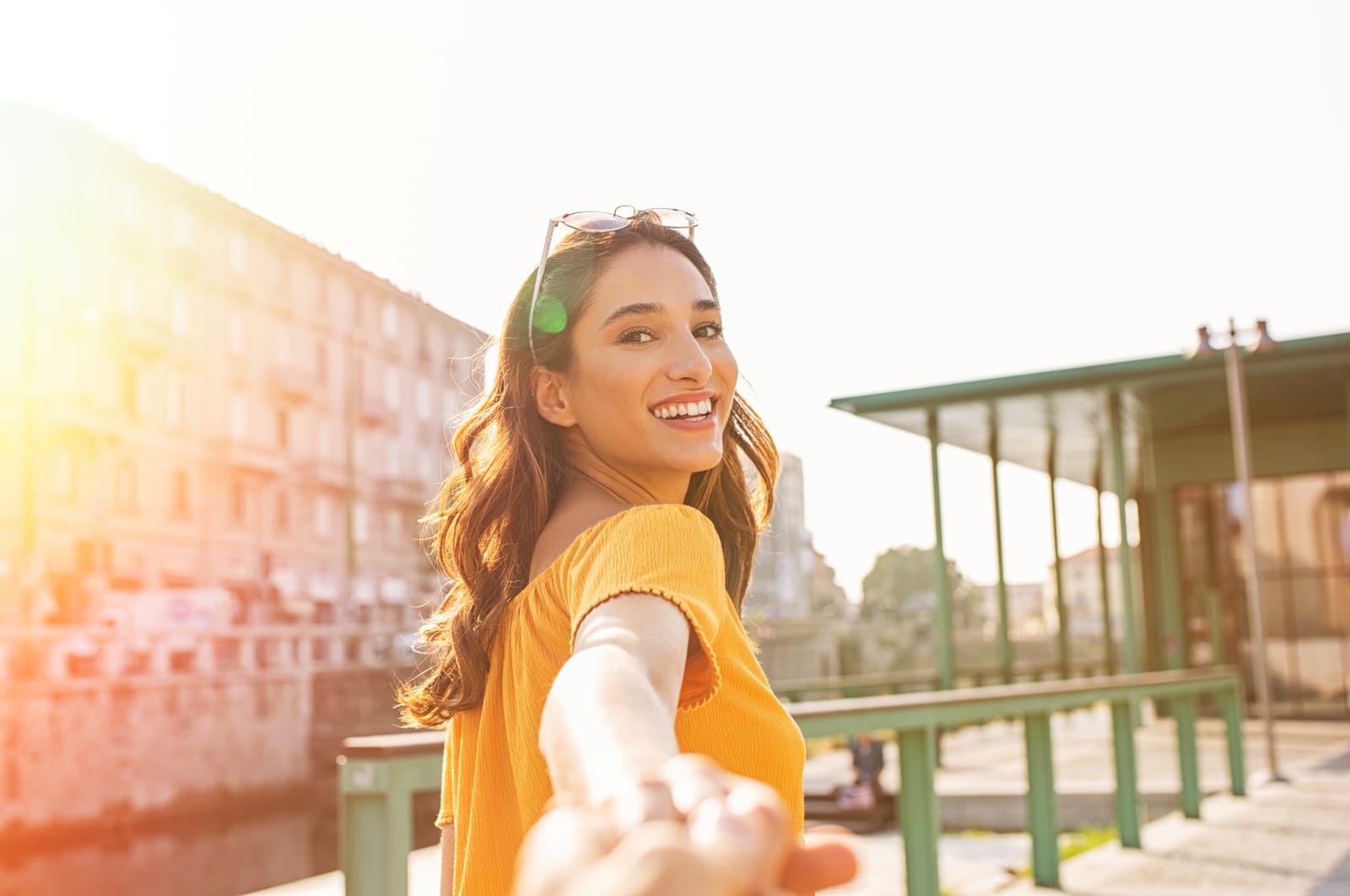 Smiling Woman Yellow Top Sunlight