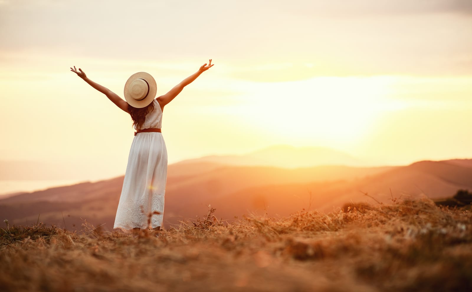 Woman White Dress Sunset Mountains