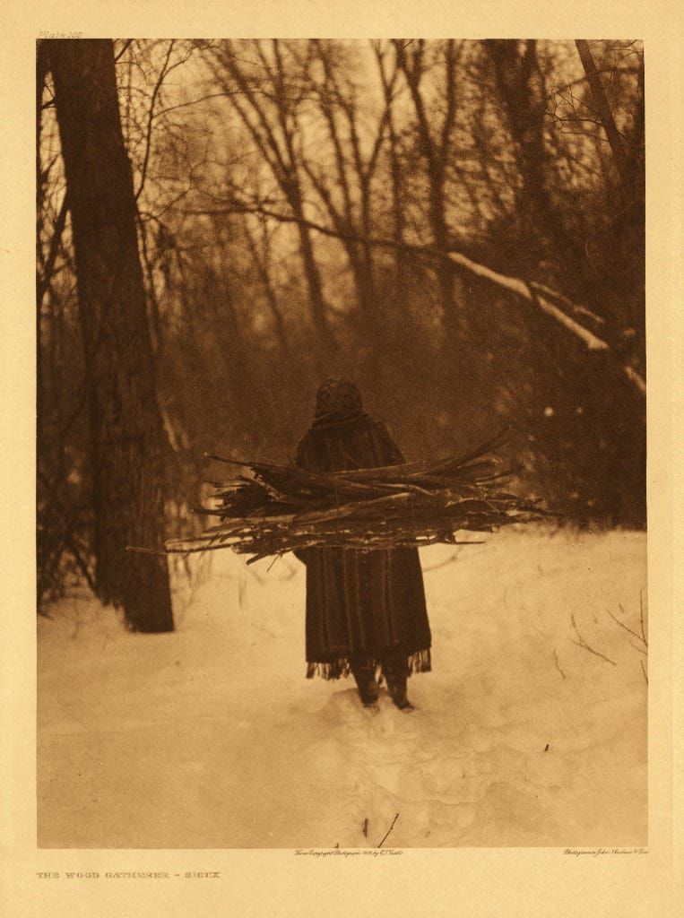 Woman Gathering Wood Winter Forest