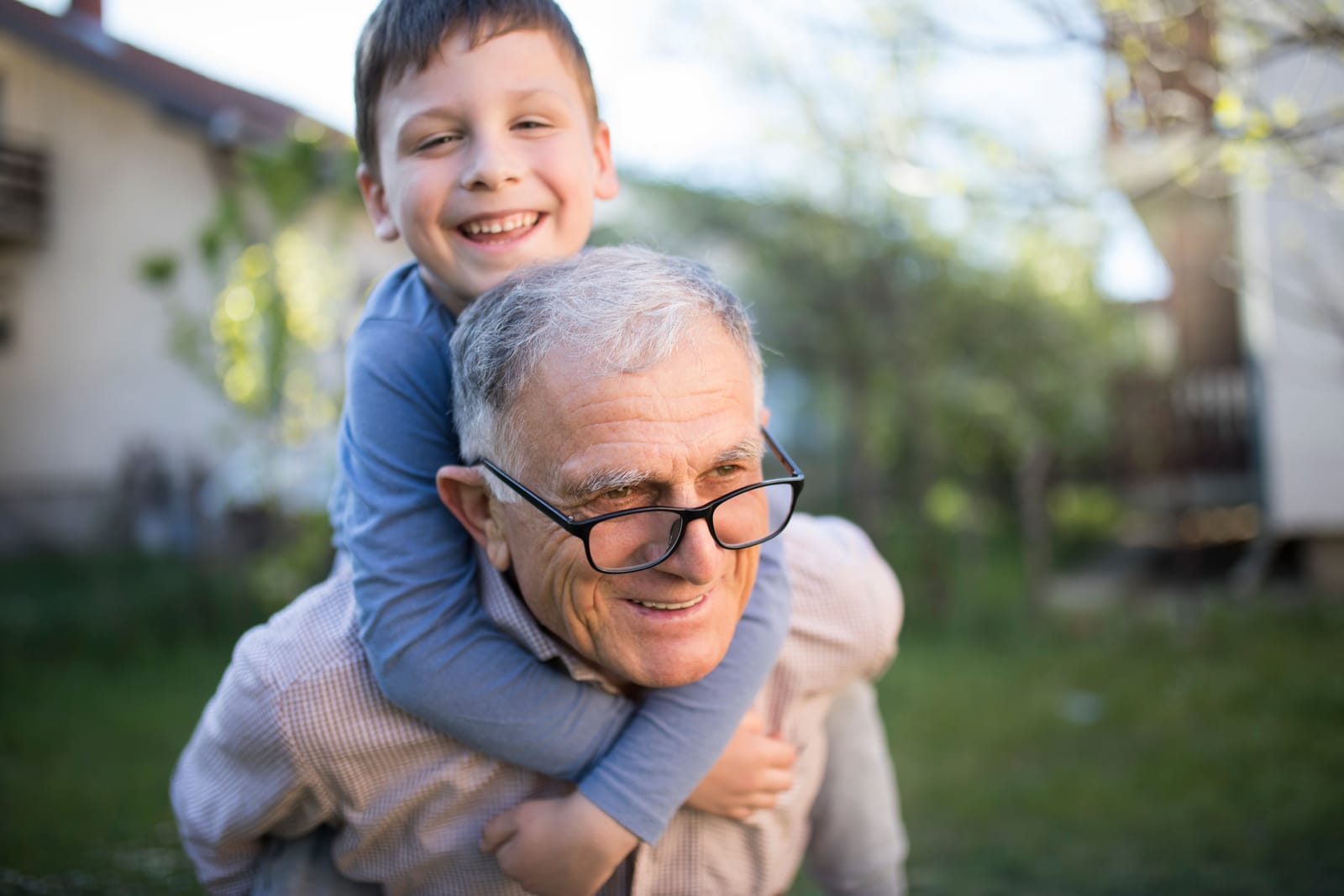 Grandpa Piggyback Grandson Outdoors