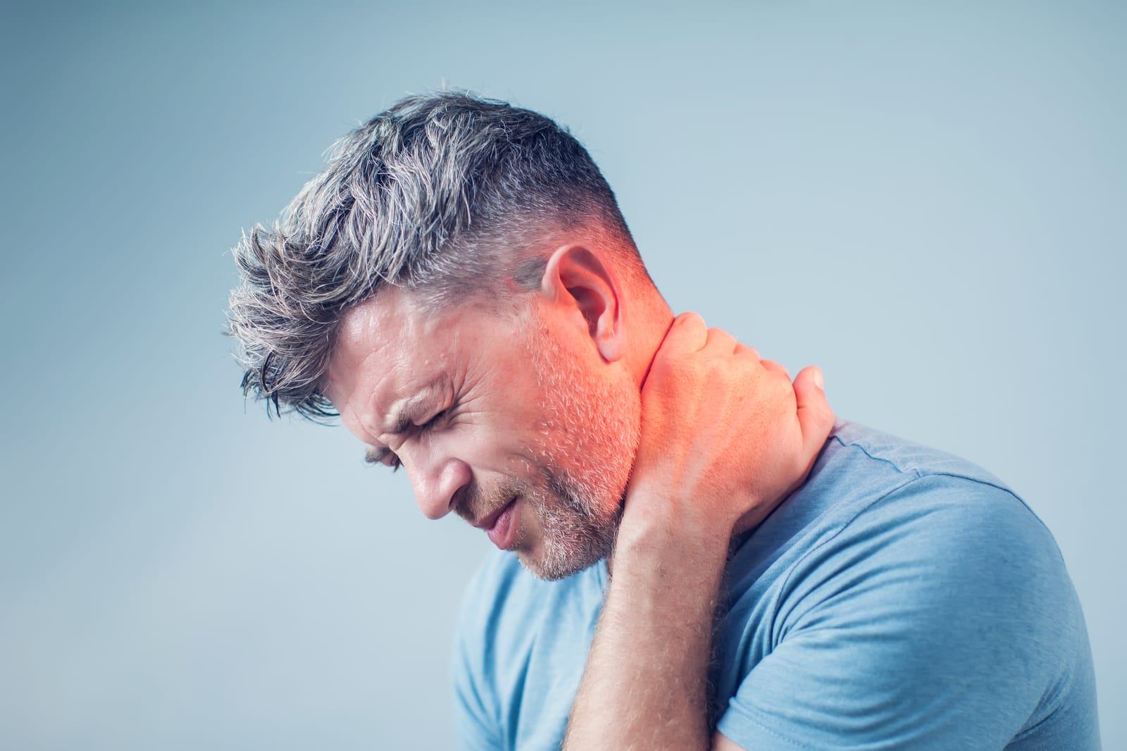 Man Neck Pain Red Glow Blue