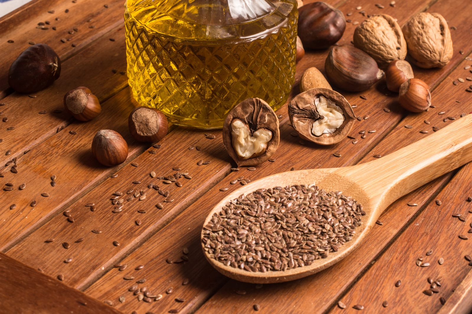 Flaxseed Nuts Oil Wooden Table