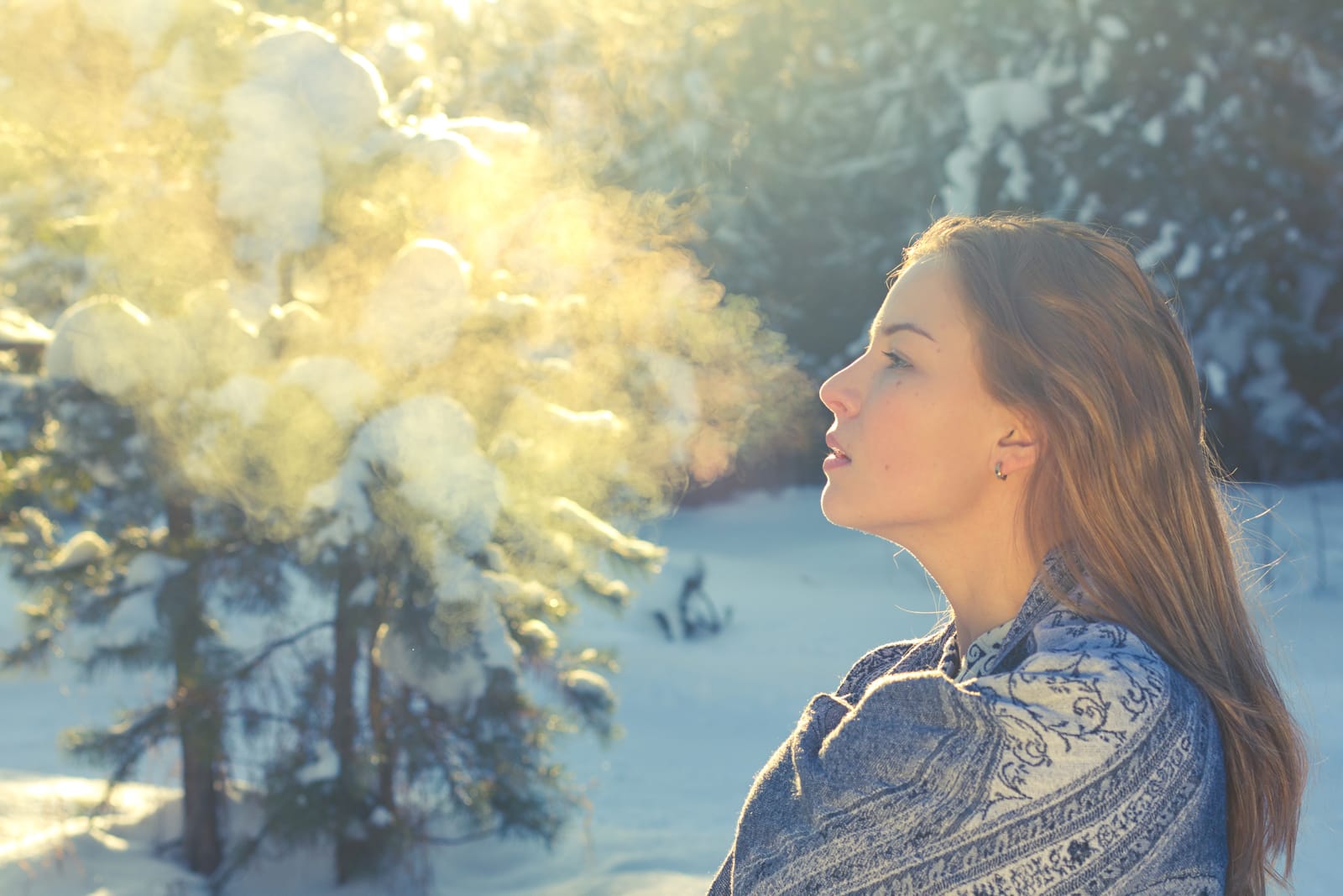 Woman Breathing Winter Snow